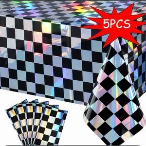 Holographic Black Checkered Party Tablecloth & Hats - 5PCS